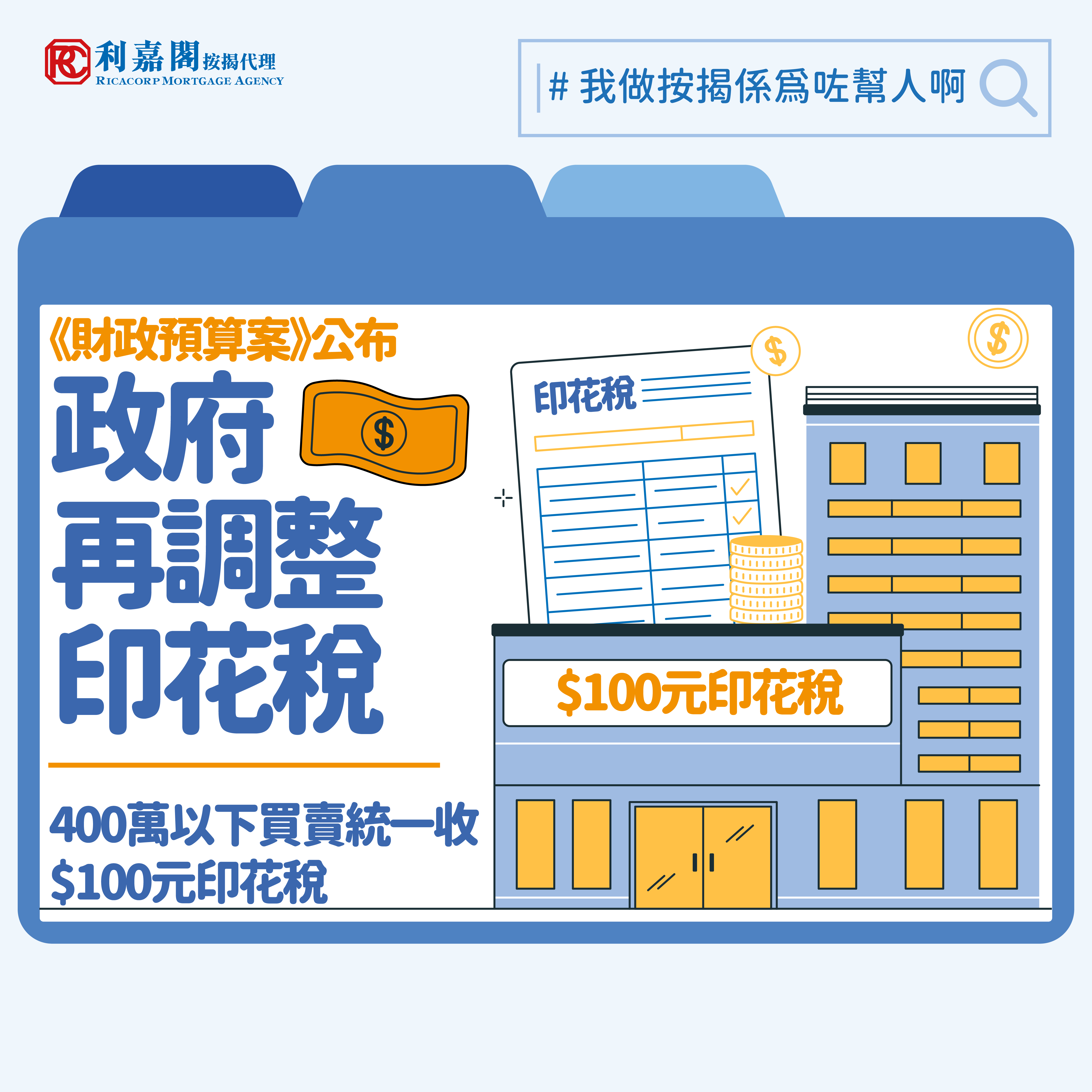 印花稅 | 新一年《財政預算案》政府再度調整樓市印花稅，宣布即日將適用100元印花稅的物業價值上限，由300萬元提高至400萬元。這意味著過往需要繳納1.5%印花稅的400萬元物業，現在印花稅稅項由最高6萬元大幅削至100元，對正在物色「上車盤」的準買家們無疑是一大喜訊。